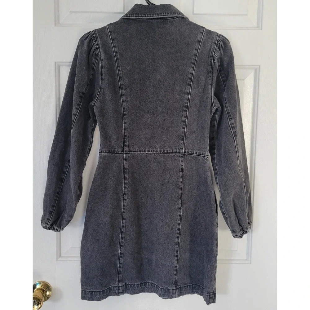 Free People Denim‎ Mini Dress XS Disstressed Black Long Sleeve Snap Front Grunge